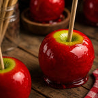Pommes d'amour rouges brillantes sur leur bâtonnet, posées sur une planche en bois