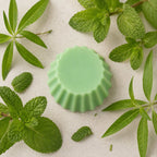 Fondant parfumé Luminante Verveine Menthe vu de dessus, entouré de branches de menthe et de verveine