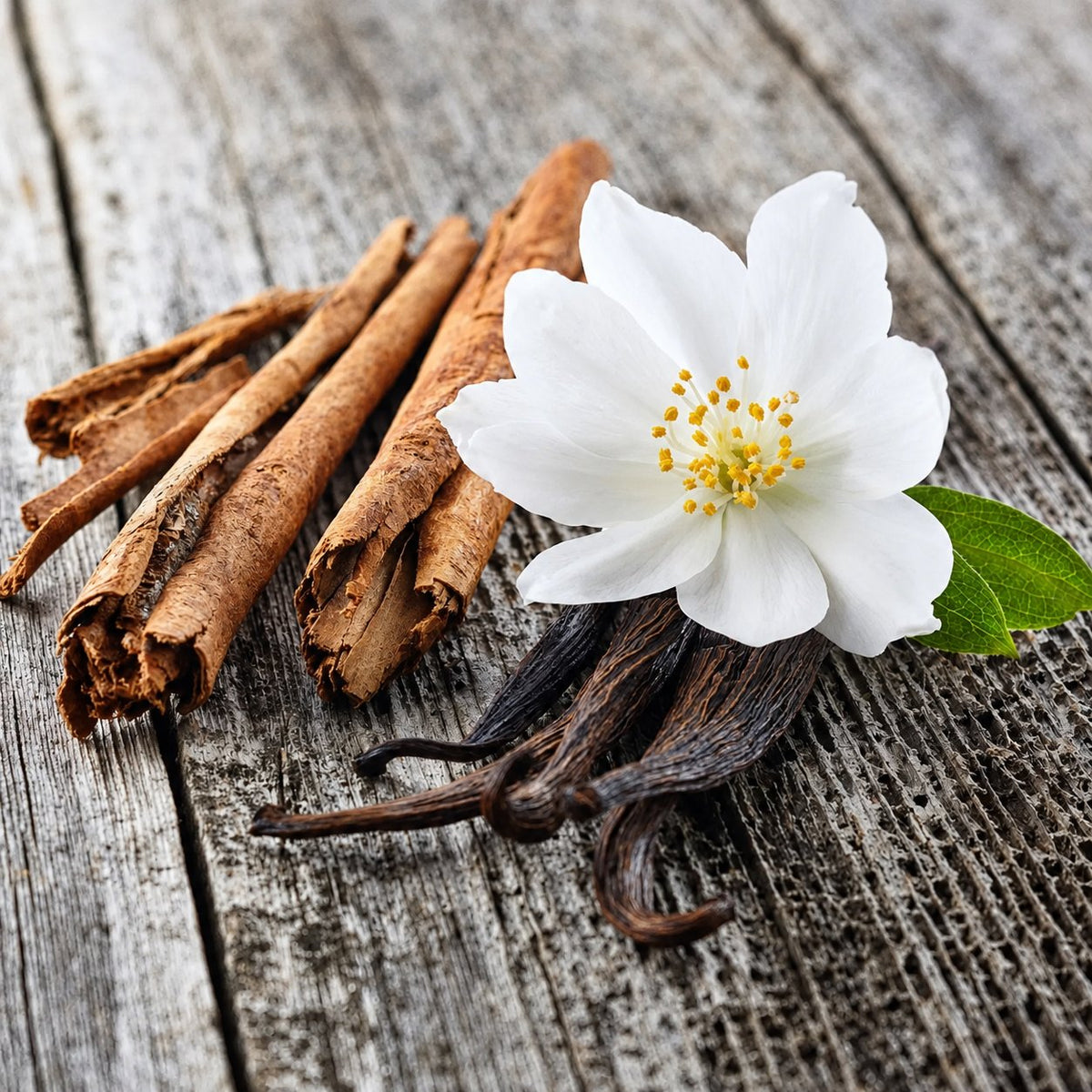 Gousses de vanille, bâtons de cannelle et fleur blanche sur un plateau en bois