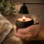 Éteignoir cloche du kit Luminante approché de la flamme d'une bougie en noix de coco