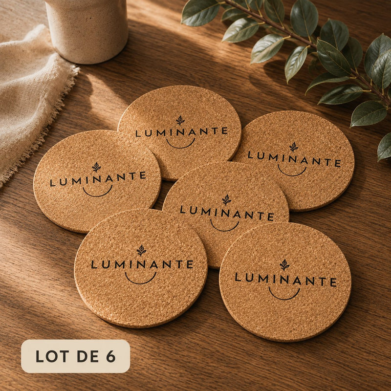 Les six dessous en liège Luminante disposés en rosace sur une table en bois, chacun gravé du logo de la marque