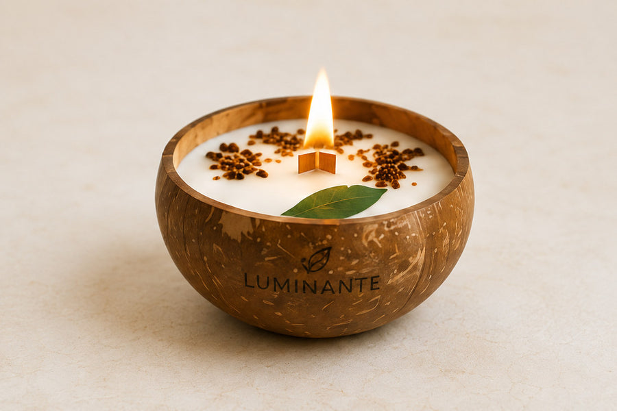 Bougie Luminante allumée dans son contenant en noix de coco, mèche en bois et graines à la surface de la cire
