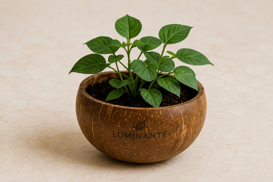 Plante au feuillage développé poussant dans le contenant en noix de coco Luminante