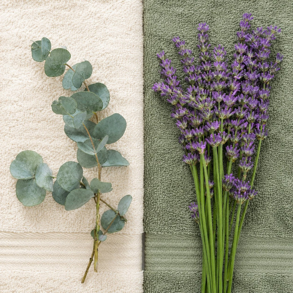 Brins de lavande et branche d'eucalyptus posés sur des serviettes