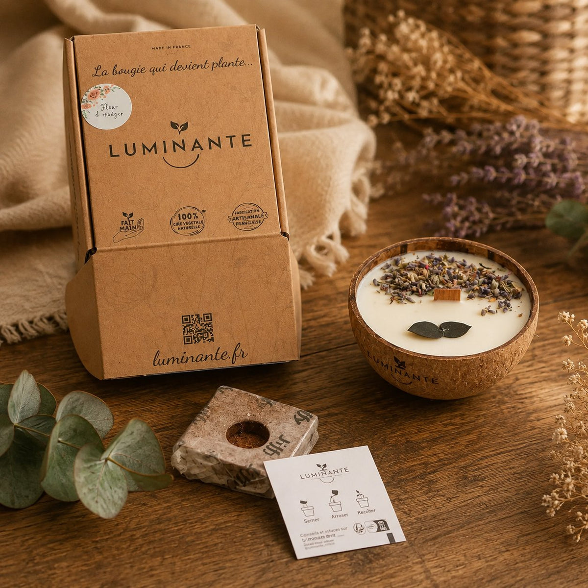 Bougie Luminante avec sa boîte kraft, son bloc de terreau et sa carte de plantation