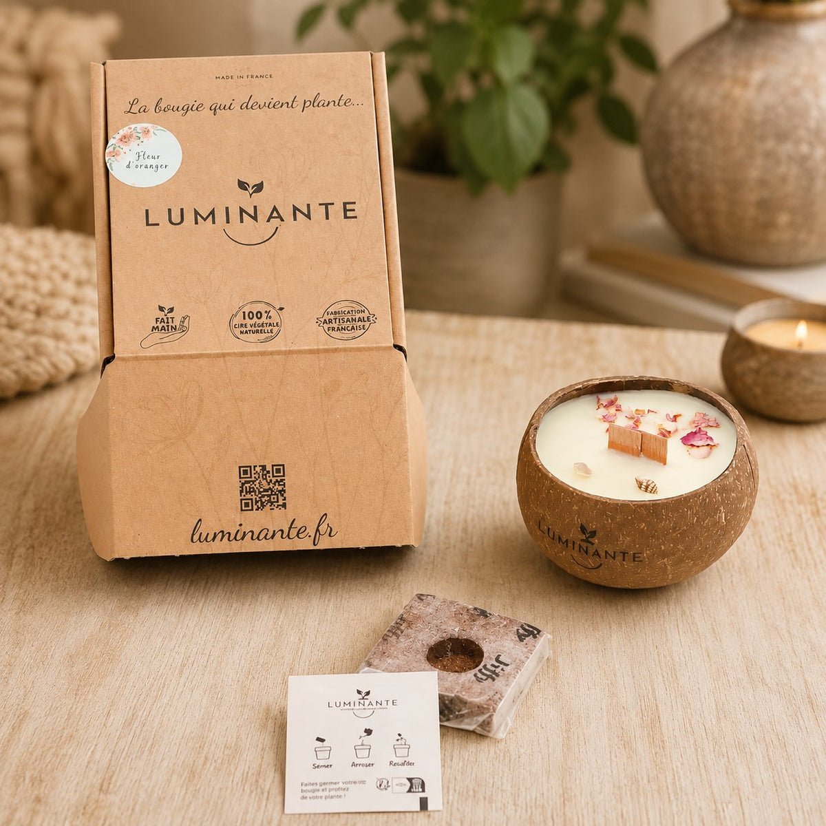 Bougie Luminante Fleur de Tiaré avec sa boîte kraft, son bloc de terreau et sa carte de plantation